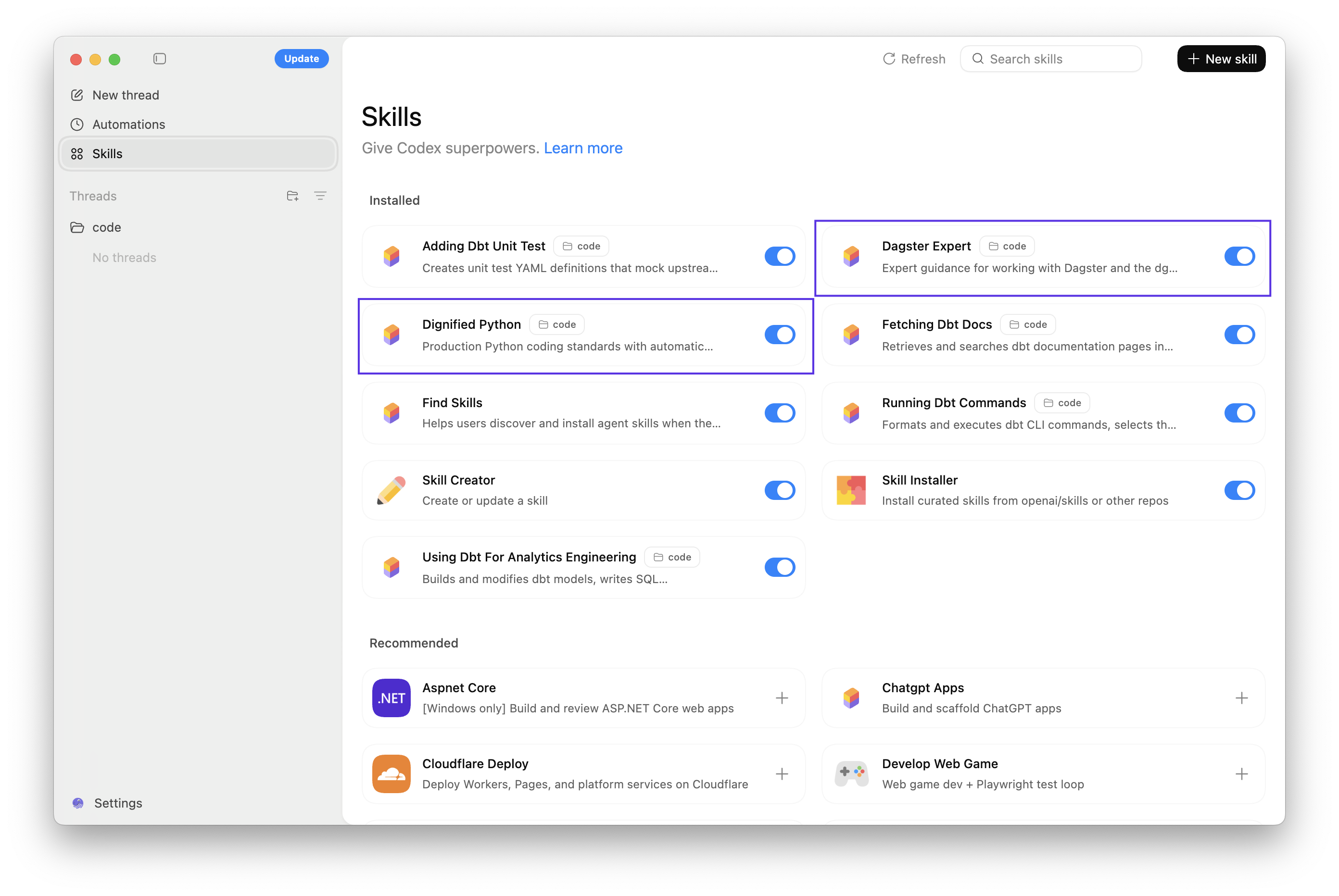 Codex showing the Dagster skills enabled